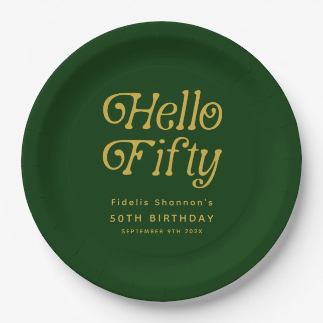Hello Retro Green and Gold 50th Birthday Party Paper Plates (Front)