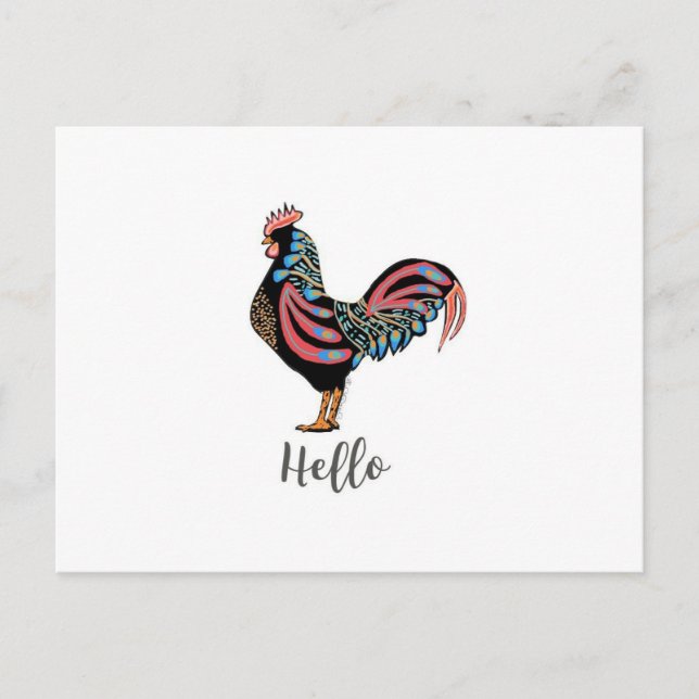 "Hello" Rooster Chicken Folk Postcard Travel World (Front)