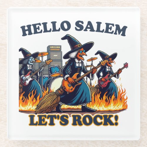Hello Salem Massachusetts Witch Rock Band Glass Coaster