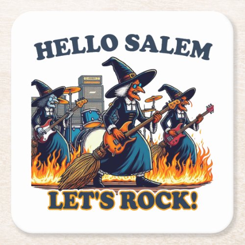 Hello Salem Massachusetts Witch Rock Band Square Paper Coaster