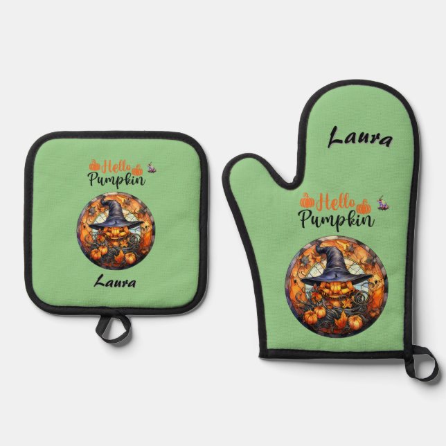 Hello Scary Hallowe'en Pumpkin Oven Mitt & Pot Holder Set (Front)