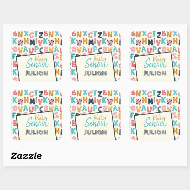 Hello School' Alphabet with Personalized name Square Sticker (Sheet)