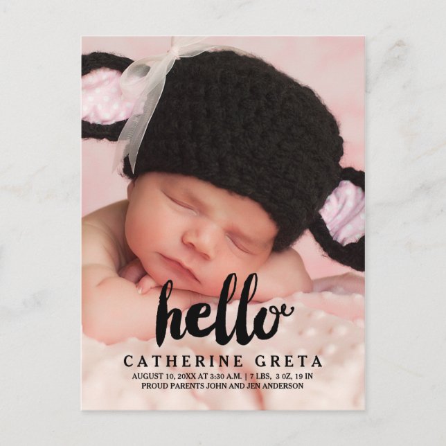 Hello Script | Baby Birth Announcement Postcard (Front)