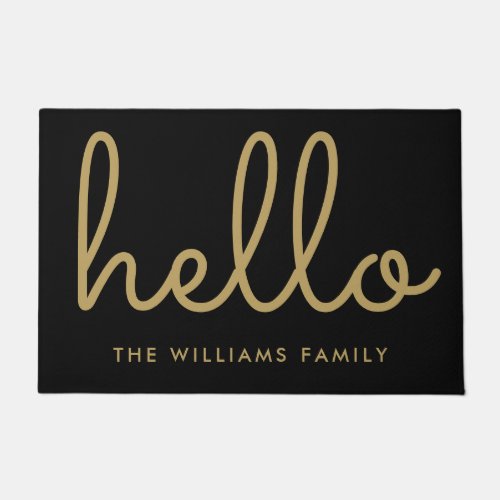 Hello Script Black And Gold Custom Family Name Doormat