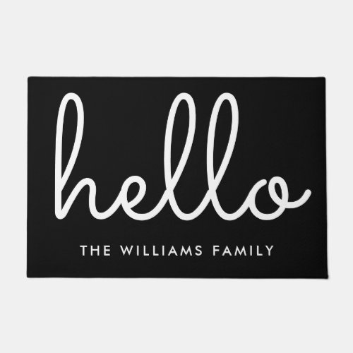 Hello Script Black And White Custom Family Name Doormat
