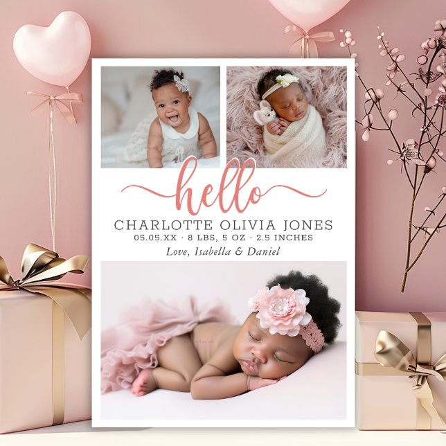 Hello Script Girl Birth Photo Collage Announcement (Creator Uploaded)