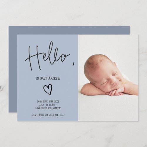 Hello script heart blue photo baby boy birth announcement