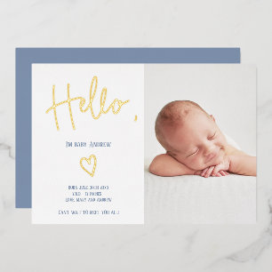 Hello script heart blue photo baby boy birth foil invitation