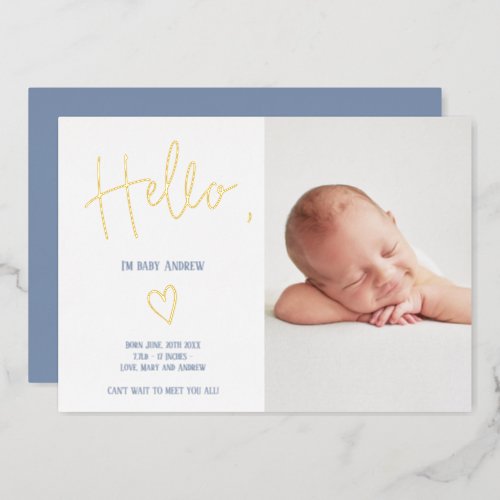 Hello script heart blue photo baby boy birth foil invitation