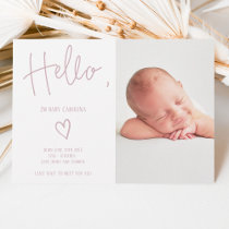 Hello script heart dusty pink photo baby birth announcement