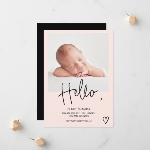 Hello script heart photo blush cute baby birth announcement