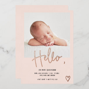 Hello script heart photo blush cute baby birth foil invitation