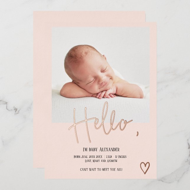 Hello script heart photo blush cute baby birth foil invitation (Front/Back)