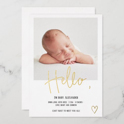 Hello script heart photo white cute baby birth foil invitation