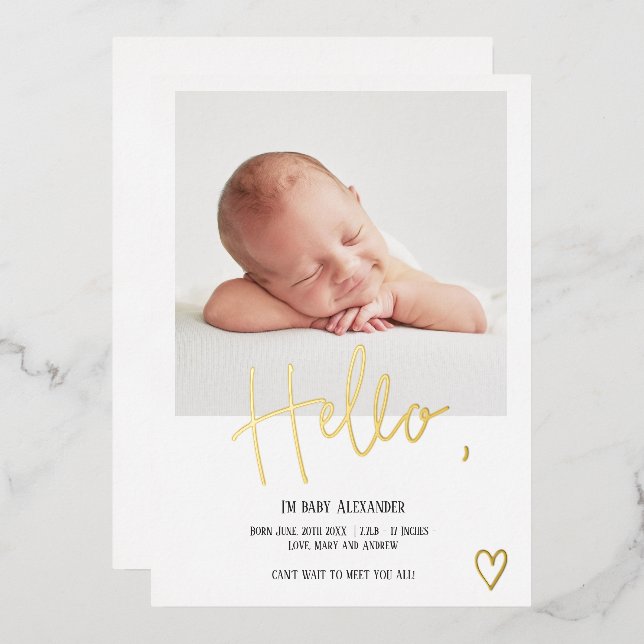 Hello script heart photo white cute baby birth foil invitation (Front/Back)