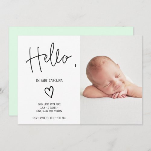 Hello script heart simple photo baby birth announcement