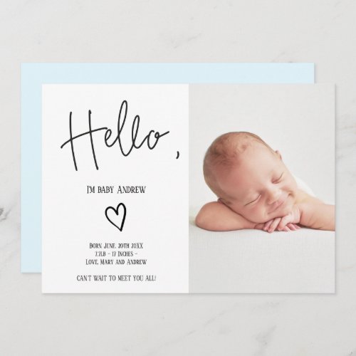 Hello script heart simple photo baby boy birth announcement