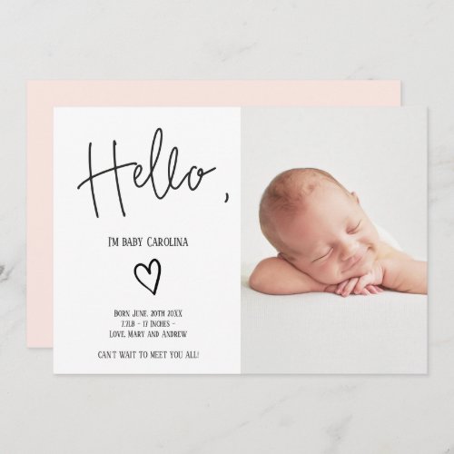 Hello script heart simple photo baby girl birth announcement