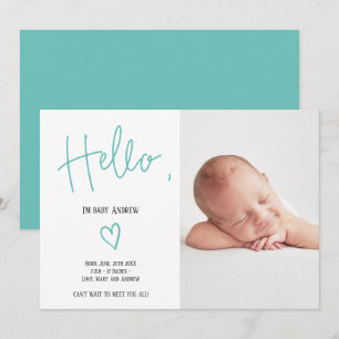 Hello script heart teal photo baby boy birth announcement