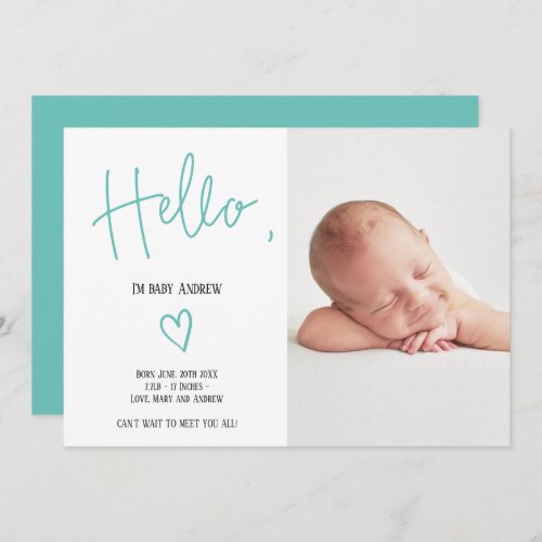 Hello script heart teal photo baby boy birth announcement