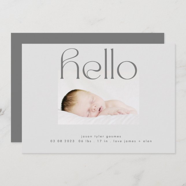 hello script modern gray simple minimalistic birth announcement (Front/Back)