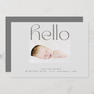 hello script modern gray simple minimalistic birth announcement