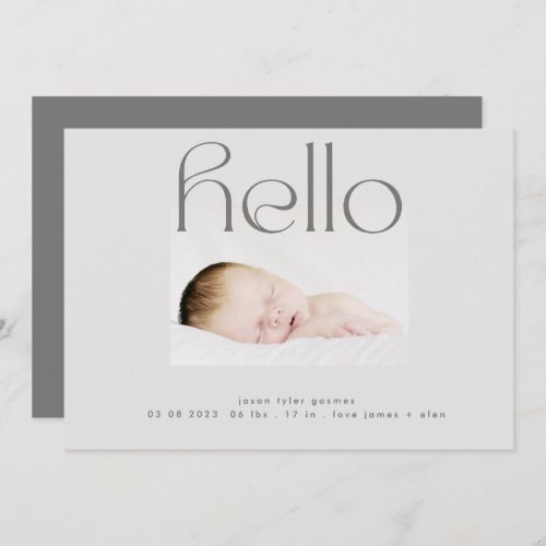 hello script modern gray simple minimalistic birth announcement