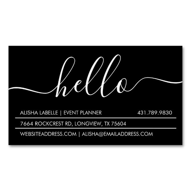 Hello Script | Modern & Stylish Minimal Black Business Card Magnet (Front)