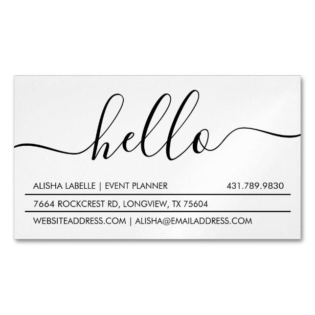 Hello Script | Modern & Stylish Minimal White Business Card Magnet (Front)