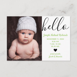 Hello Script Photo Green - 3x5 Birth Announcement