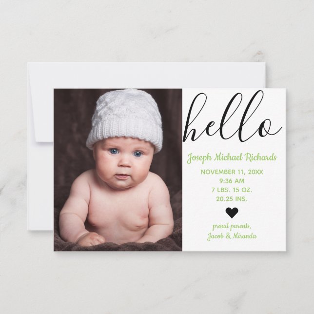 Hello Script Photo Green - 3x5  Birth Announcement (Front)