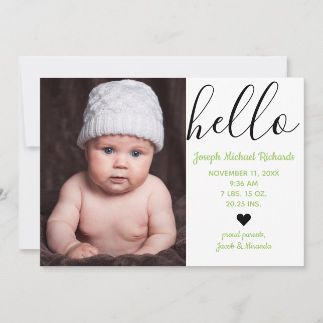 Hello Script Photo Green - Birth Announcement (Front)