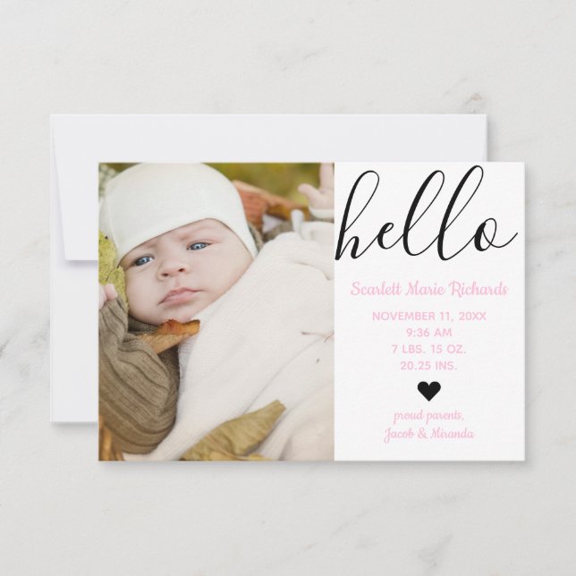 Hello Script Photo Pink - 3x5 Birth Announcement (Front)