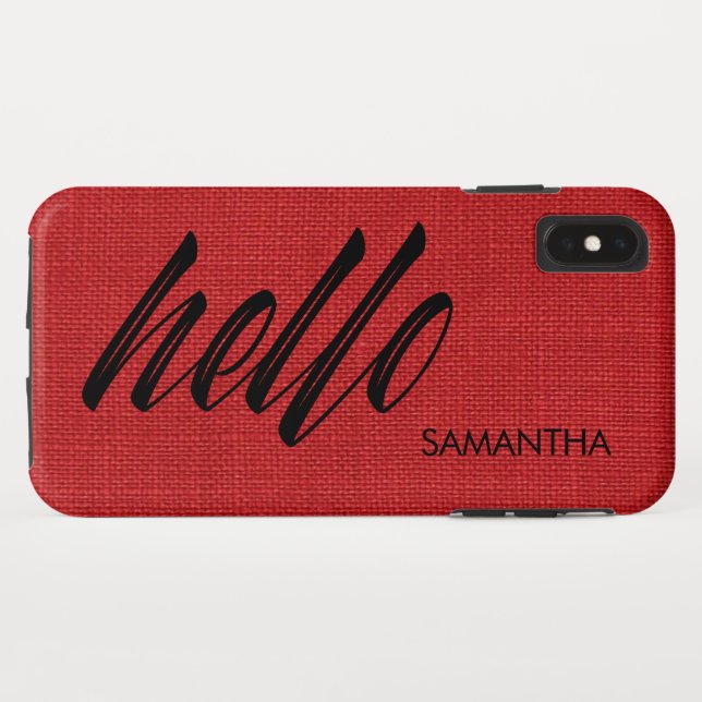 Hello Script Your Name on Red Linen Texture Photo Case-Mate iPhone Case (Back (Horizontal))