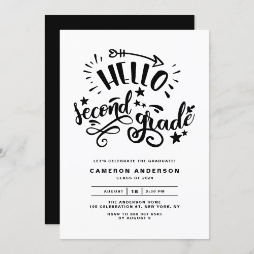 Hello Second Grade  Black First Grade Graduation Invitation