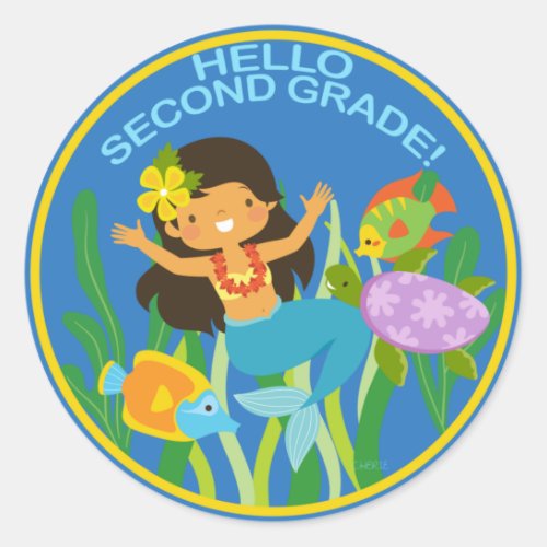 Hello Second Grade Mermaid and Fish Classic Round Sticker