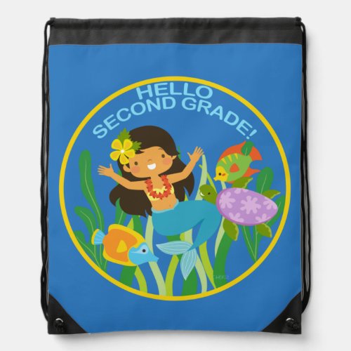 Hello Second Grade Mermaid Sea Turtle Drawstring Bag