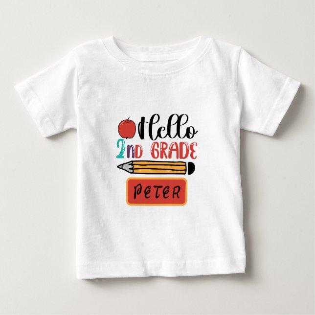 Hello Second Grade Personalized Back to School Fun Baby T-Shirt (Front)