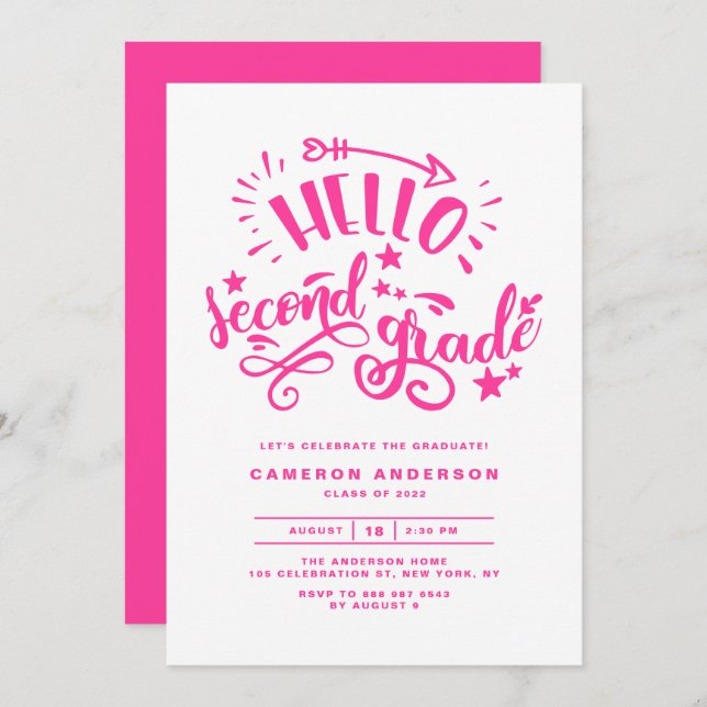 Hello Second Grade Script Pink Graduation Invitation (Front/Back)