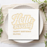 Hello Seventy Modern 70th Birthday Personalized Foil Napkins<br><div class="desc">Hello Seventy Modern 70th Birthday Seventieth Personalized Name Foil Napkins Real Foil Stamped Paper Napkins features the text "Hello Seventy" in modern calligraphy script typography with your custom text such as "Happy Birthday" and personalized with your custom name. Perfect for seventieth birthday parties. Created by Evco Studio www.zazzle.com/store/evcostudio</div>