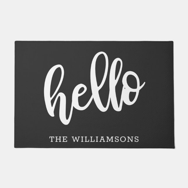 Hello Simple Black and White Personalized Family  Doormat (Front)