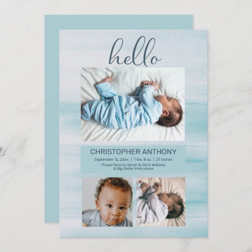 Hello Simple Blue Watercolor Beach Baby Boy Birth Announcement