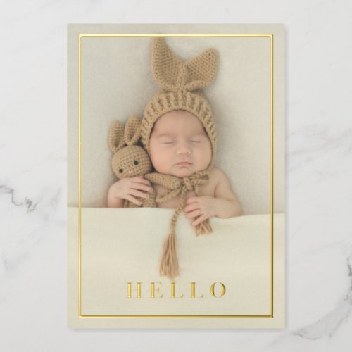 Hello Simple Gold Foil Photo Birth Announcement