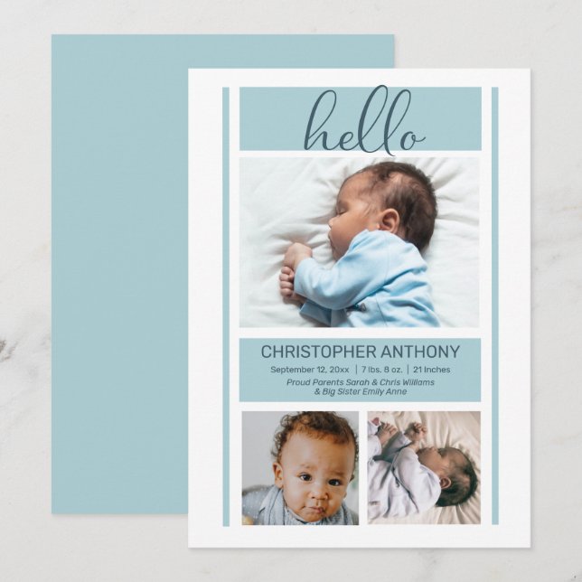 Hello Simple Minimalist Blue Baby Boy Birth Announcement (Front/Back)