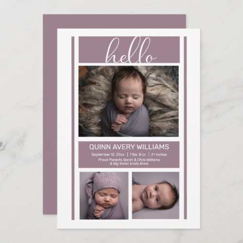 Hello Simple Minimalist Lavender Baby Birth  Annou Announcement