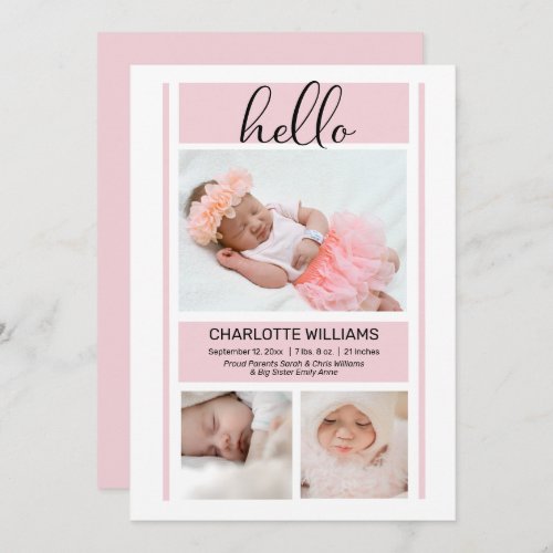 Hello Simple Minimalist Pink Baby Girl Birth Announcement