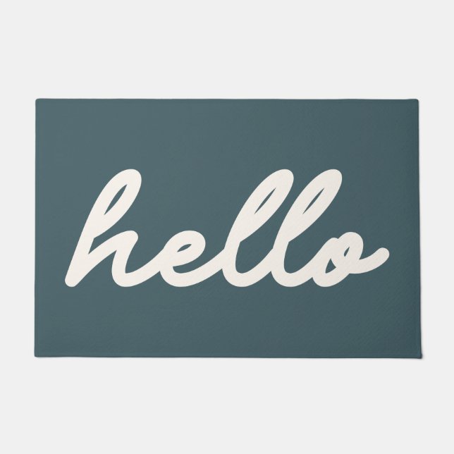 Hello Simple Minimalist Script Lettering Teal Doormat (Front)