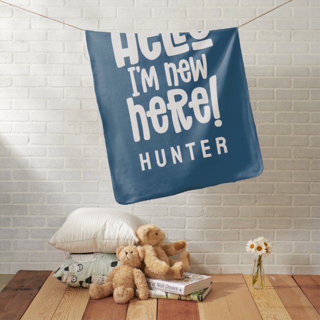 Hello, simple modern minimal birth gift baby blue baby blanket (In Situ)