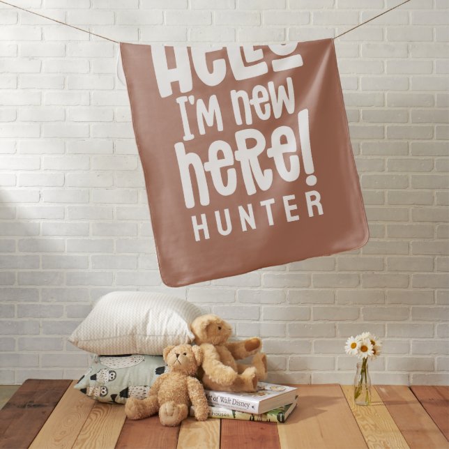 Hello, simple modern minimal birth gift terracotta baby blanket (In Situ)