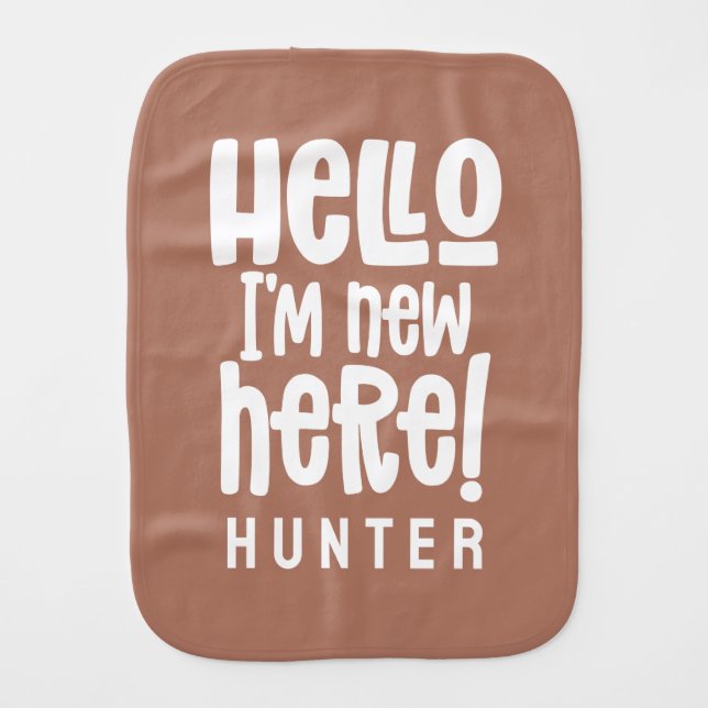 Hello, simple modern minimal birth gift terracotta baby burp cloth (Front)